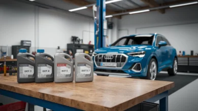 سائل فرامل DOT 4 داخل خزان فرامل سيارة مع غطاء تحذيري