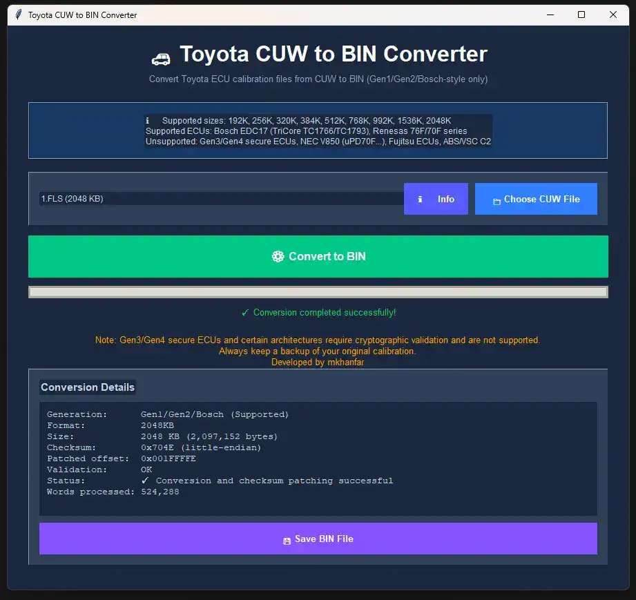 Toyota CUW to BIN Converter