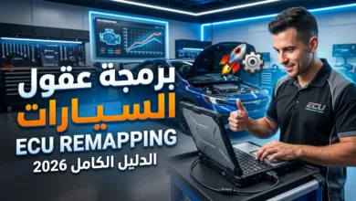 برمجة عقول السيارات ECU Remapping باستخدام جهاز لابتوب متصل بمنفذ OBD2 لتعديل الخرائط.